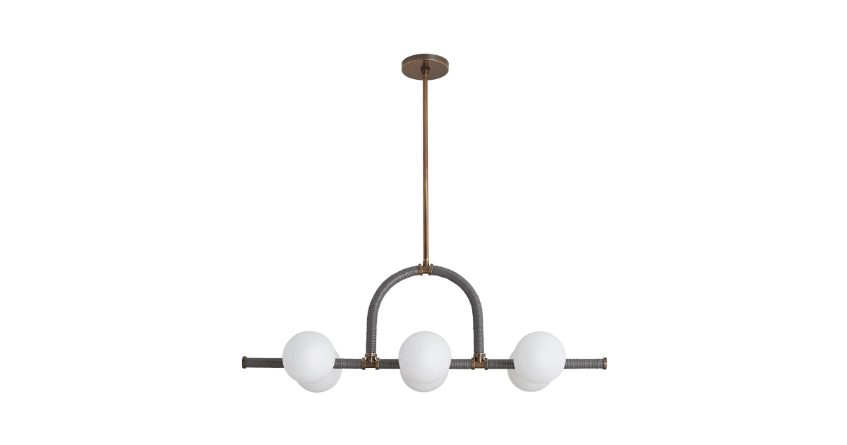 Arteriors Harrison Linear Chandelier heritage brass graphite leather opal globes