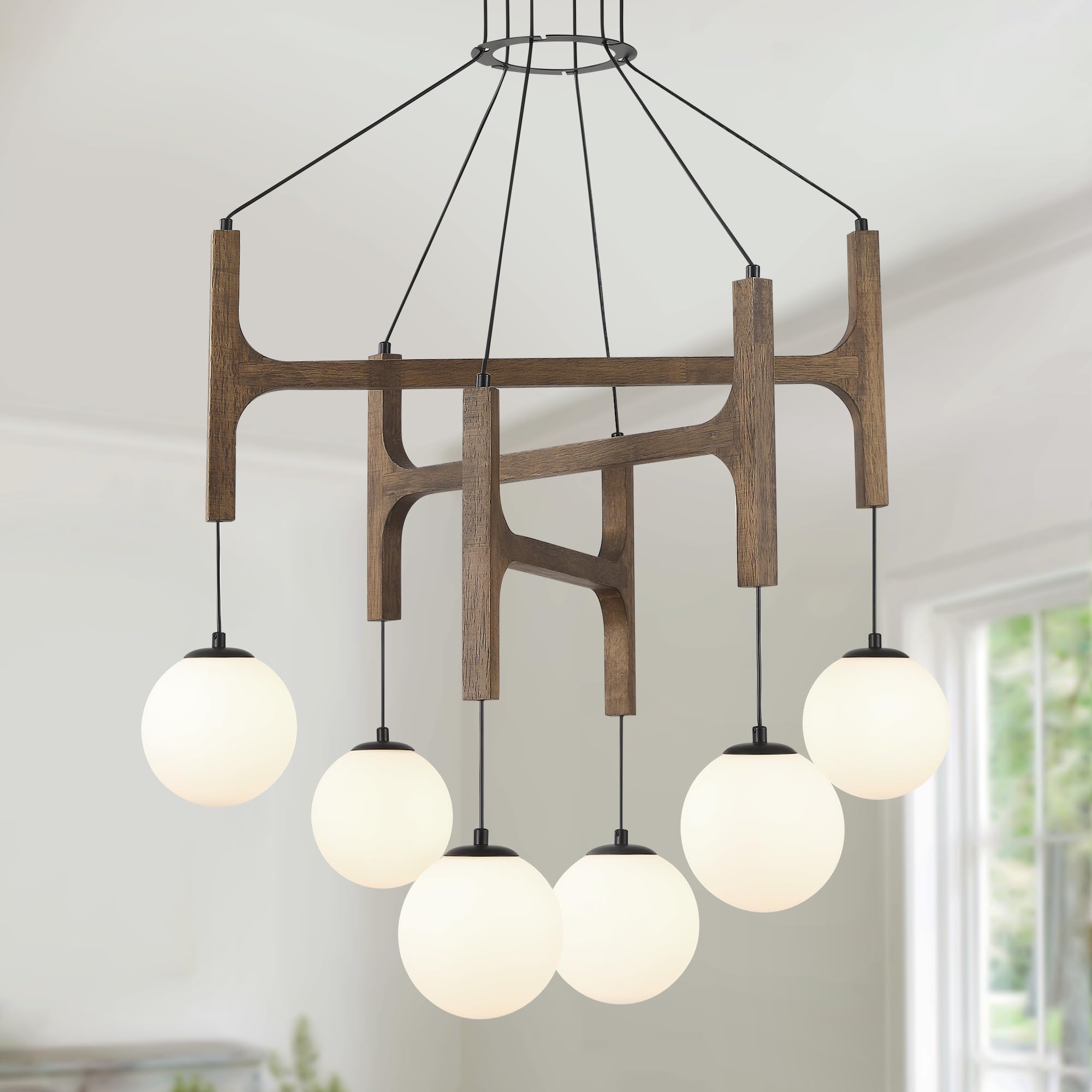Wood frame white globe chandelier 6-light