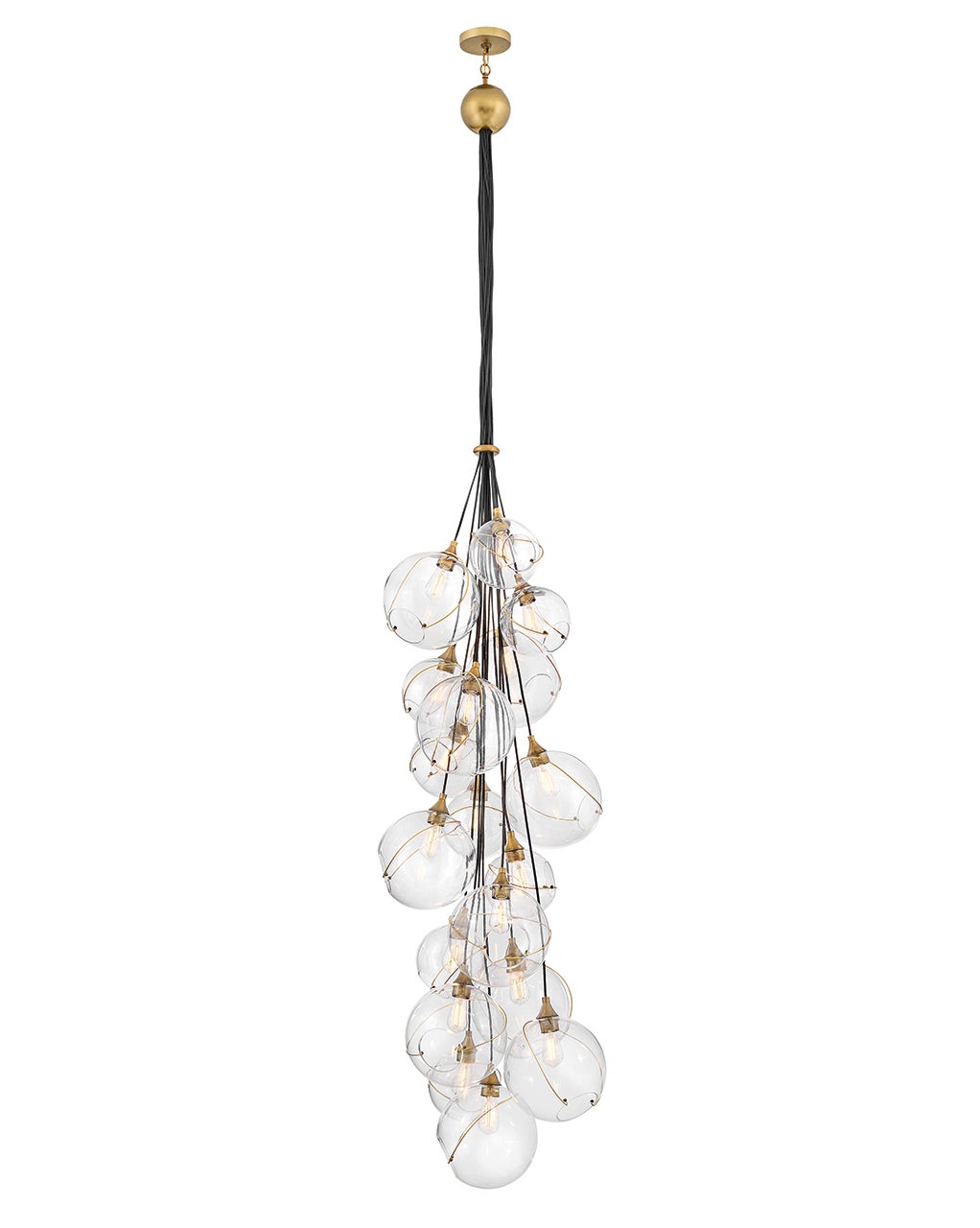 Hinkley Skye Double XL multi-tier chandelier with 18 asymmetrically hung opal globes, Heritage Brass and Black accents