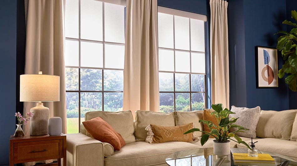 Lutron Serena smart roller shade in living room